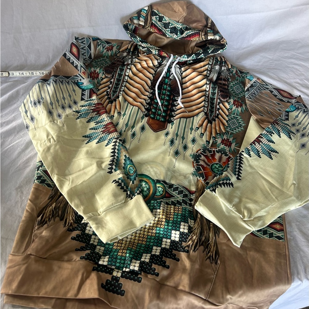 Tribal Print Hoodie with Feather Design